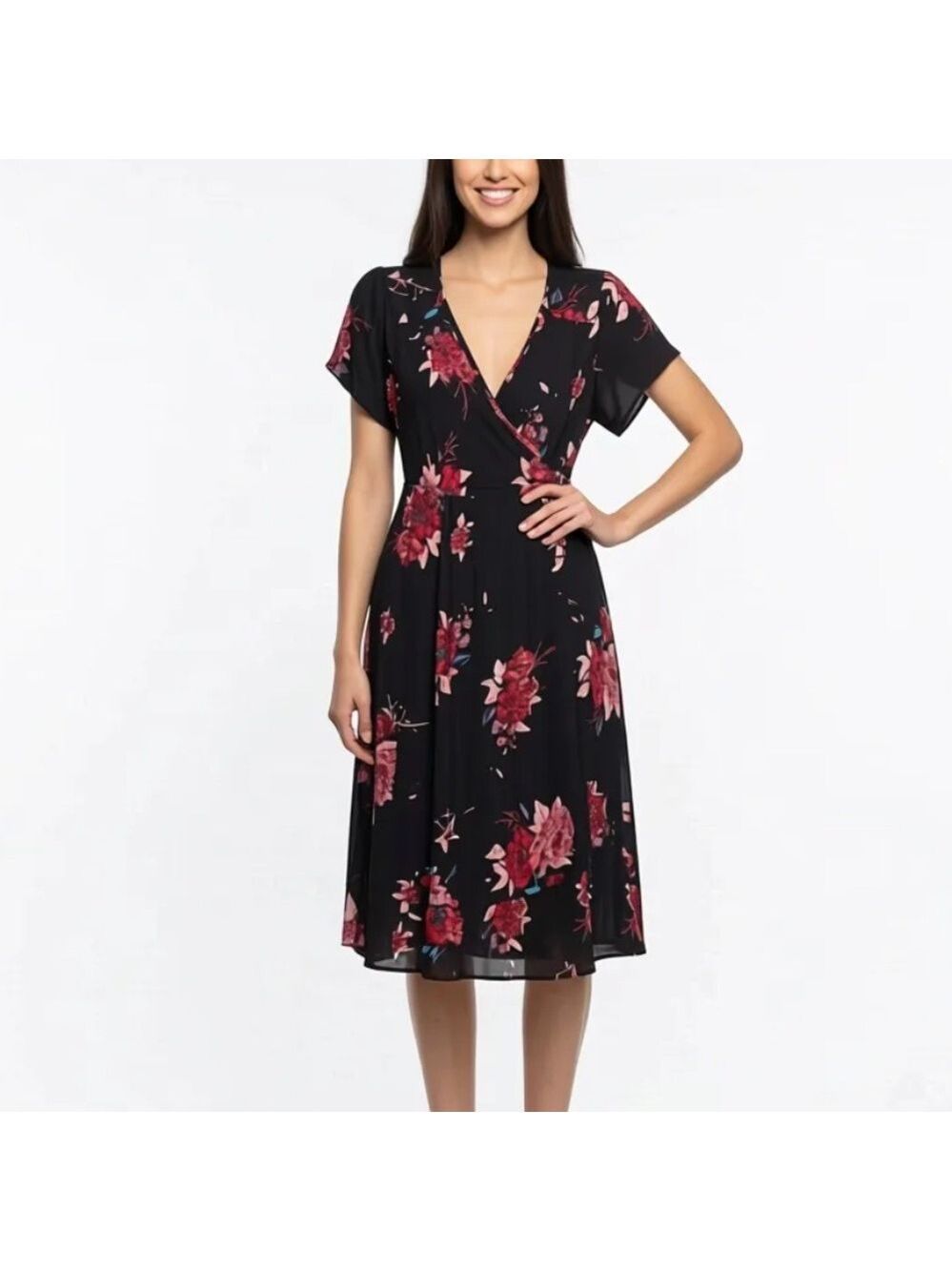 🌿2 for $20 Anthropologie. Patrons of Peace Floral Faux Wrap Black Dress